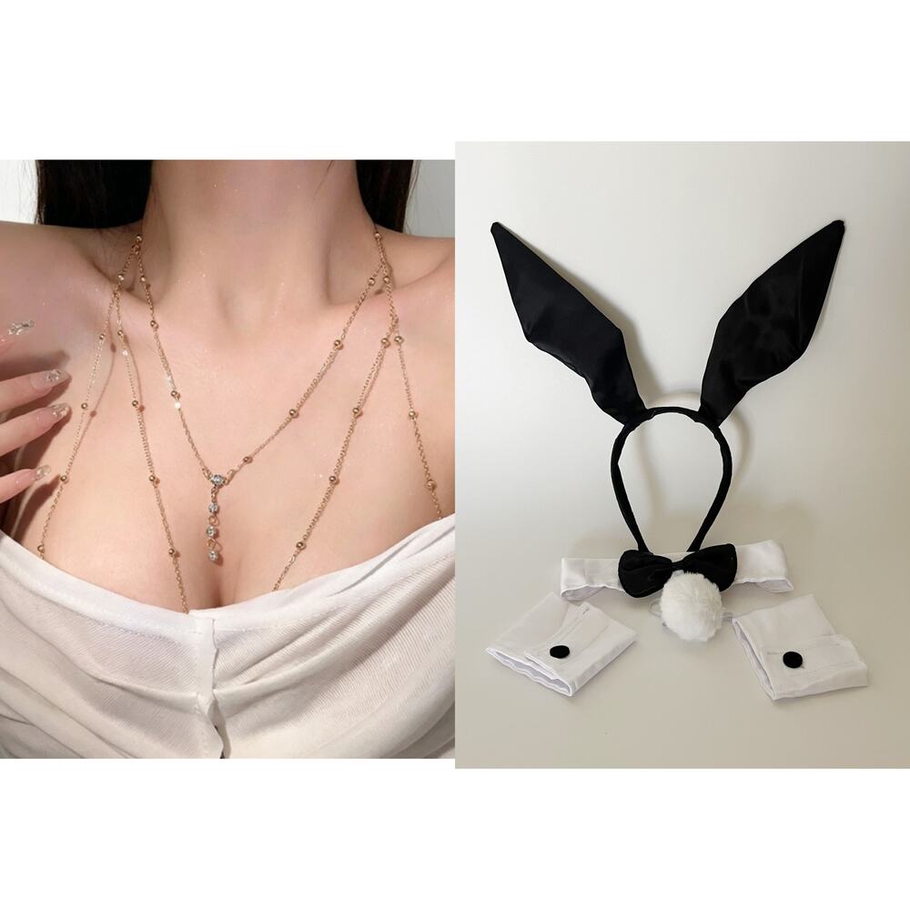 Bunny Costume Set - Rabbit Headband, Collar, Cuffs, Tail & Gold Body Chain Kit